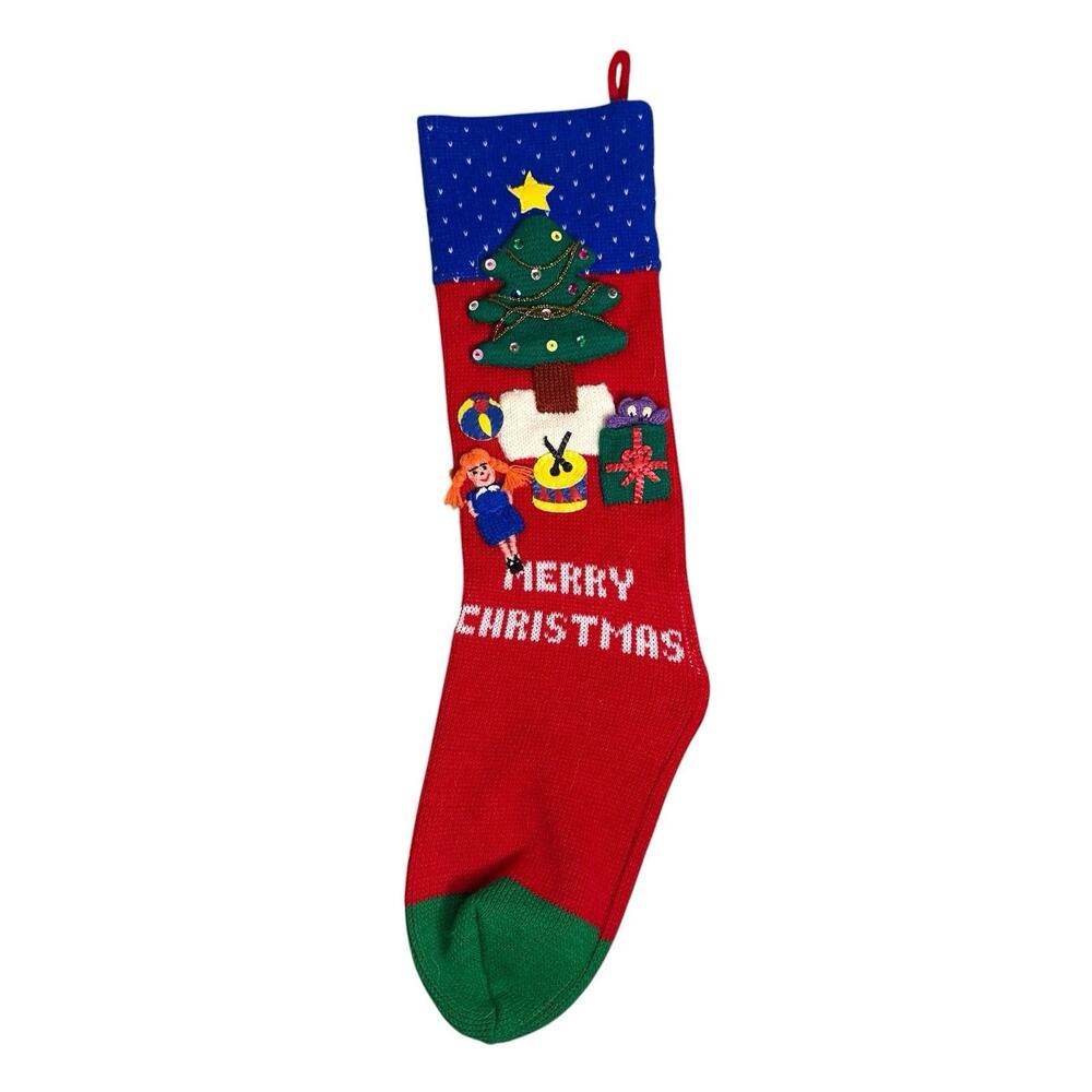 Vintage 1985 Cynthia Harlequin Christmas Knit Stocking Applique Holiday